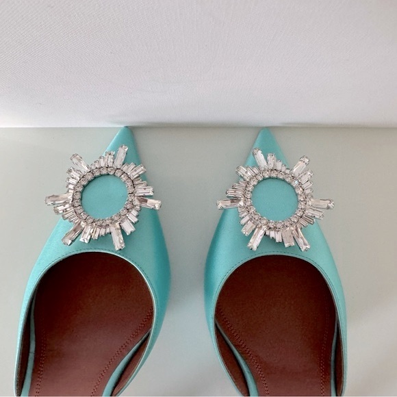 Amina Muaddi Begum Satin Slingback Pumps in Turquoise - Picture 4 of 10